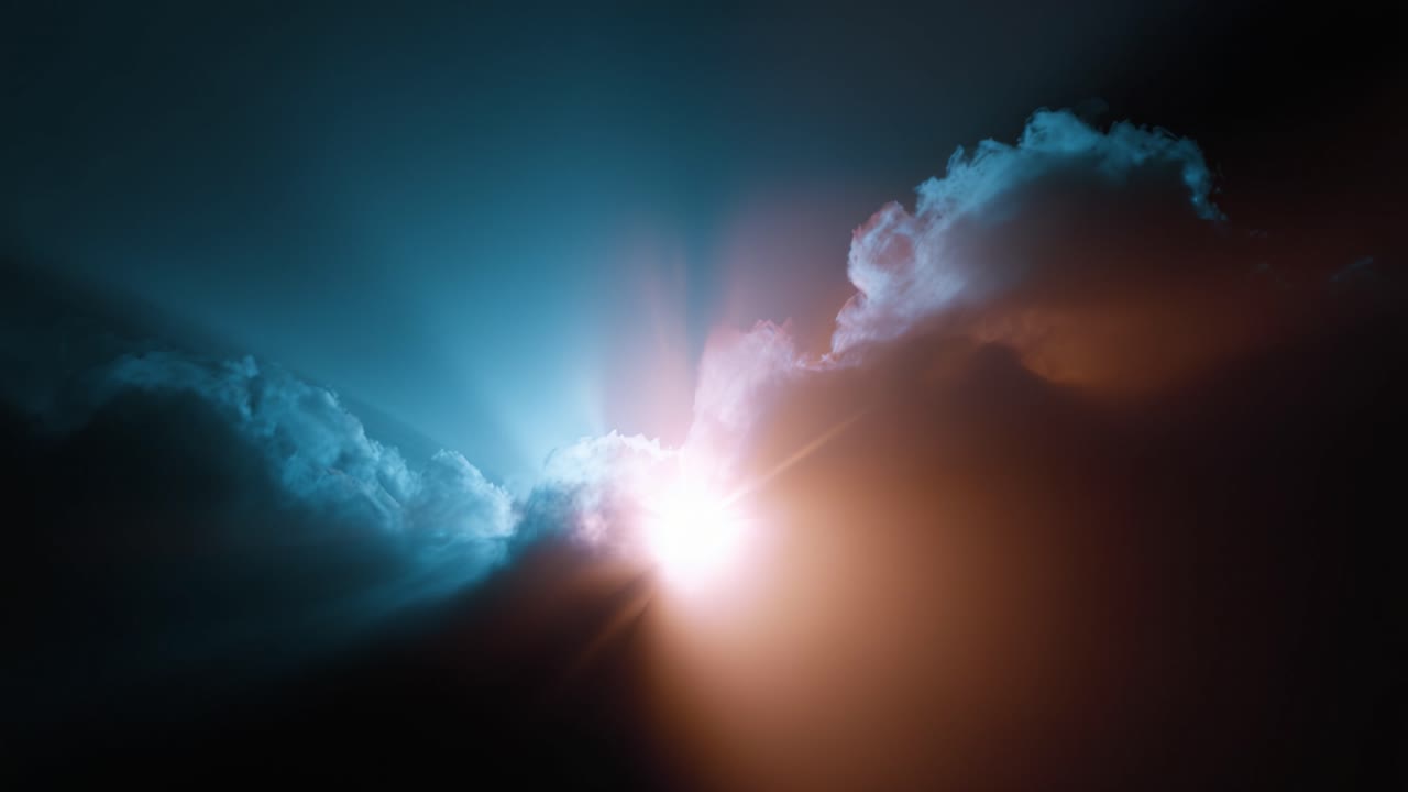 Una vista mozzafiato di luce radiosa che irrompe tra nuvole vibranti, creando uno straordinario spettacolo celeste di colori e texture su uno sfondo che si fa sempre più scuro