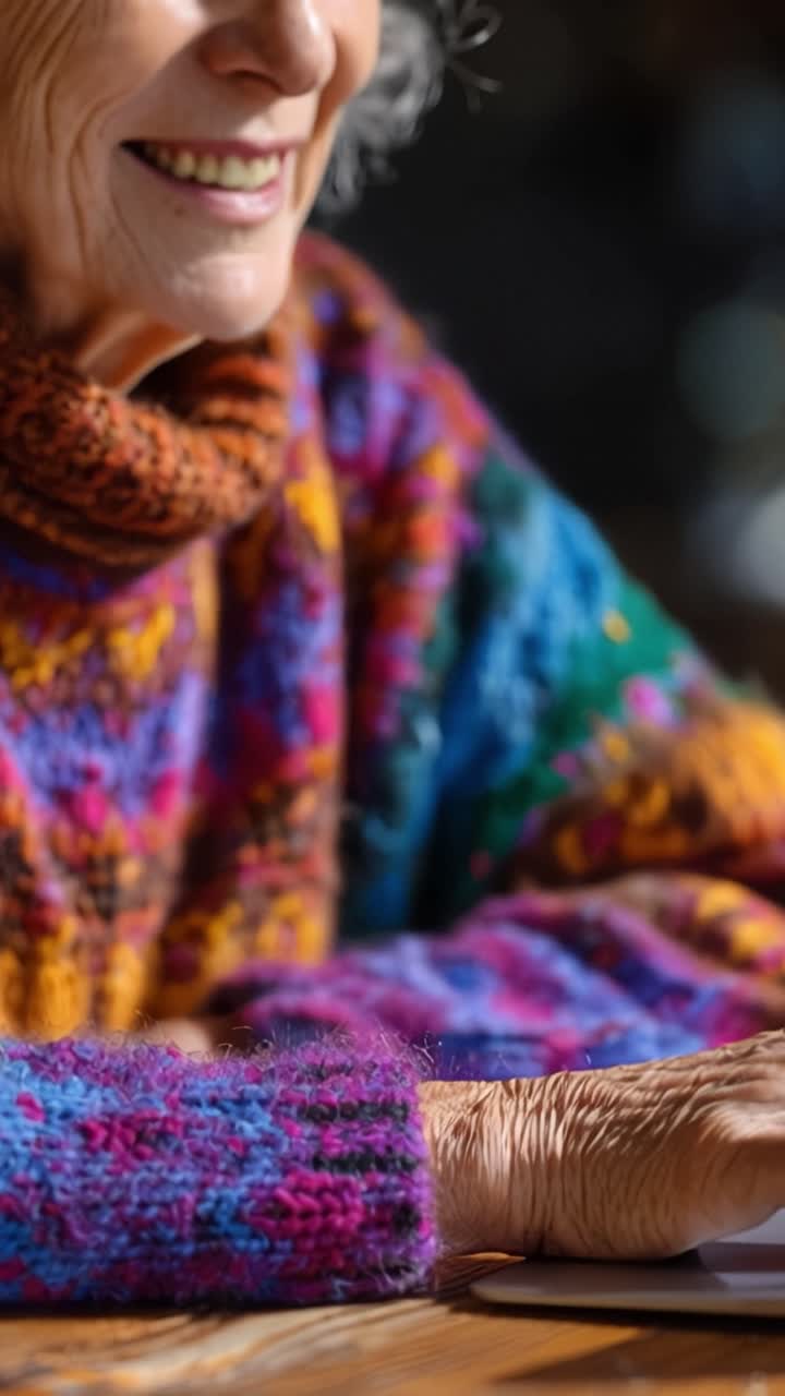 Mani rugose digitano sulla tastiera del laptop con concentrazione. Un maglione colorato aggiunge vivacità alla scena tranquilla. Lo sfondo sfocato e morbido suggerisce un ambiente accogliente e calmo. La persona appare pensierosa
