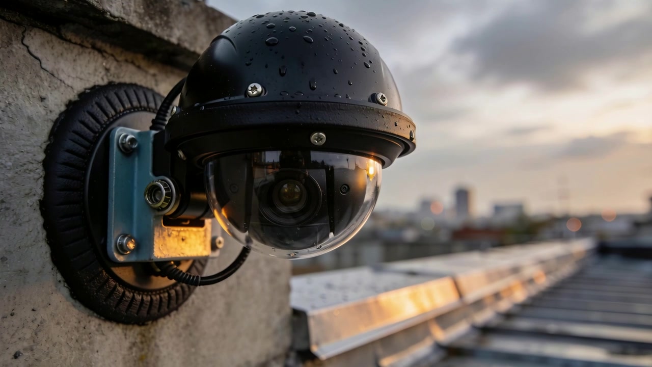 Vista ingrandita che rivela una telecamera di sicurezza a cupola montata sul tetto, con goccioline d'acqua e staffa