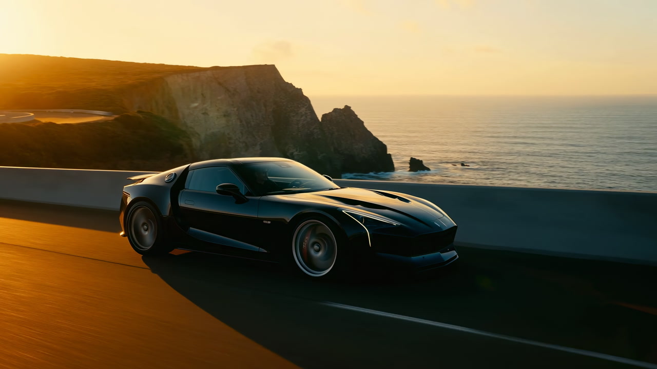 Supercar Cruising Coastal Cliff Road At Sunset, Gleaming Black Body With Low Sun Glinting Off Hood, Winding