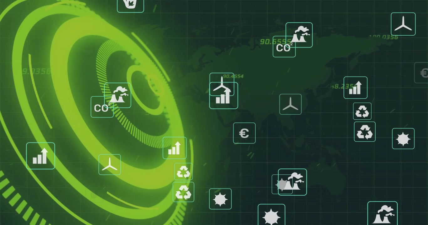 Scanning rings materializing pulsing pulling eco financial icons across world map visualizing data
