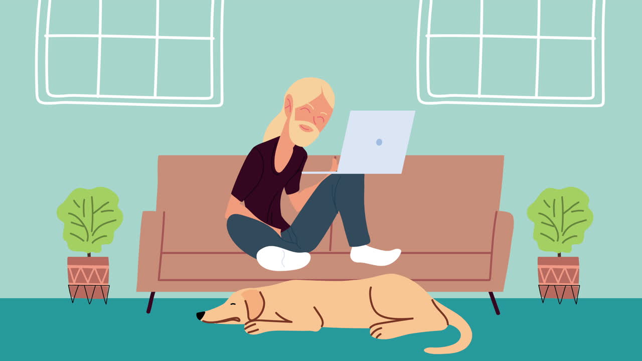 개와 함께 집에서 일하는 여자