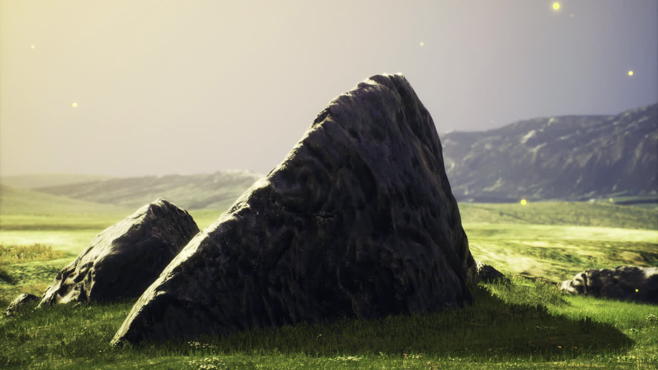 Large rock formation in a serene grassy landscape during twilight hours