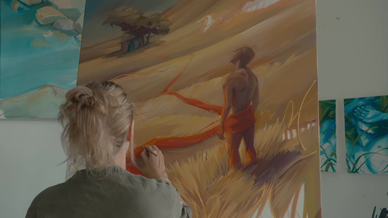 Woman Artist Painting a Landscape with a Figure