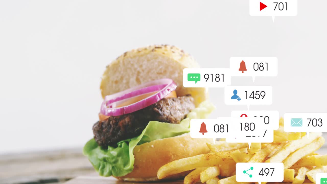 Alert badges appearing from left drifting, clustering around burger and fries, showing engagement