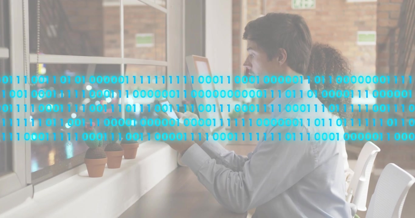 Man tapping phone screen in tech cafe, starting blue binary code overlay filling city lights window