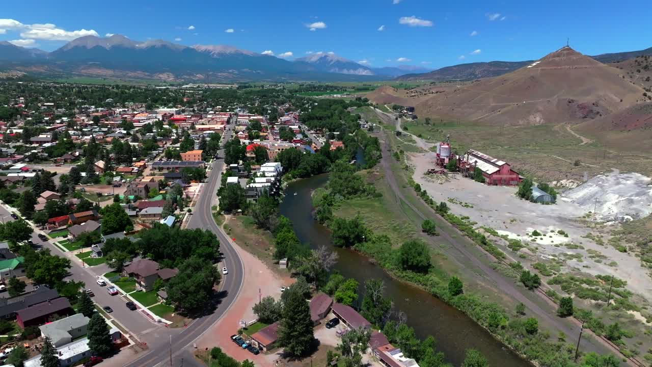 Salida Colorado aerial drone forward motion Collegiate Peaks 14ers S Mountain Tenderfoot Hill Buena Vista Rocky mountain town Chaffee County Arkansas River hiking trails blue sky sunny day noon roads
