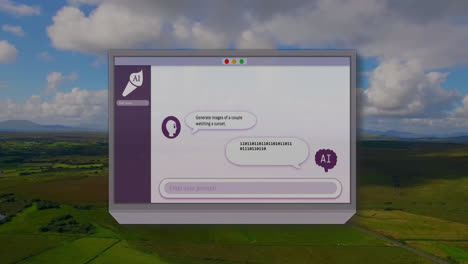 animación de los resultados de salida de ai según la entrada del usuario en la computadora portátil sobre tierra verde contra cielo nublado