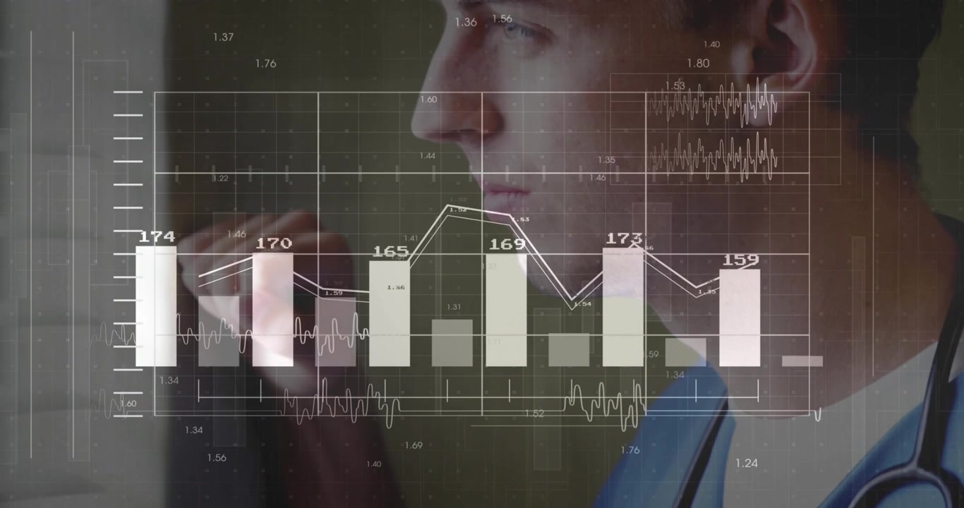 Doctor lifting smartphone speaking as animated values updating vital sign charts for remote review