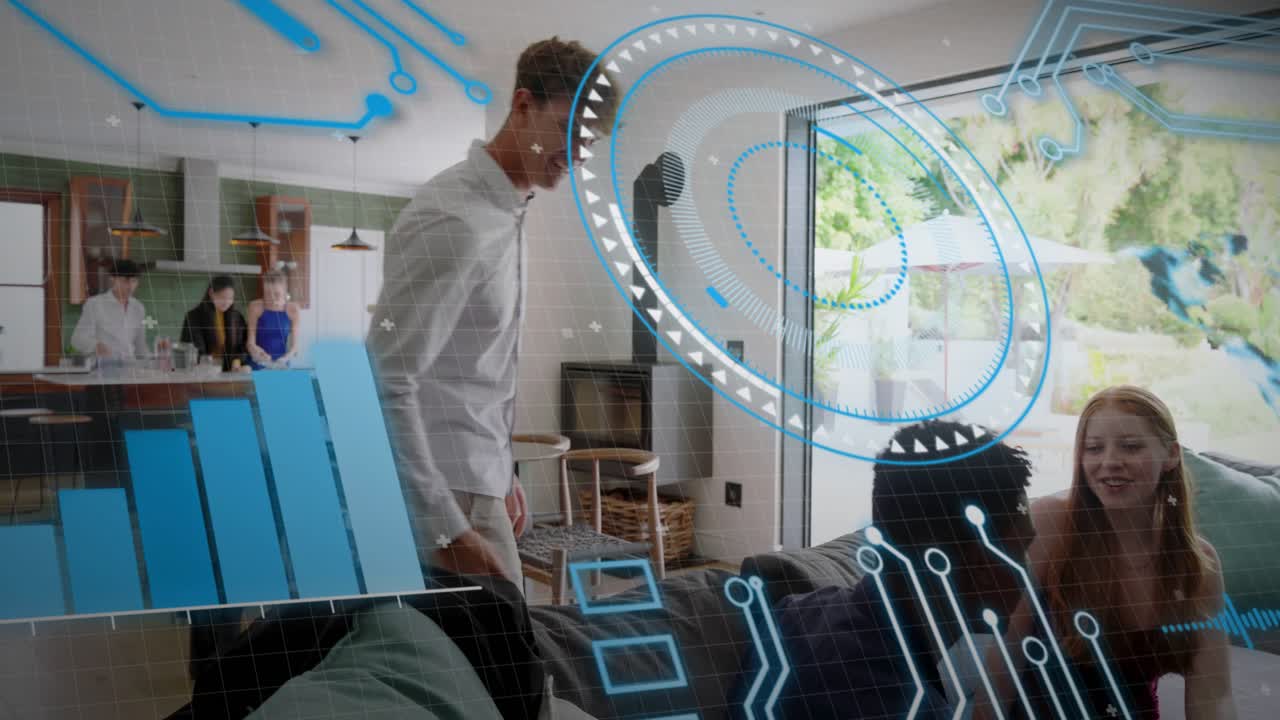Man in white shirt walking from kitchen, greeting friends, causing HUD showing home tech metrics