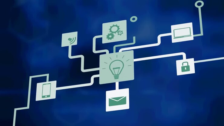 Animation of network of connections with icons over digital screens