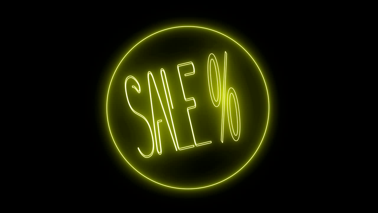 4k venta % animación - luz de neón amarilla, fondo negro