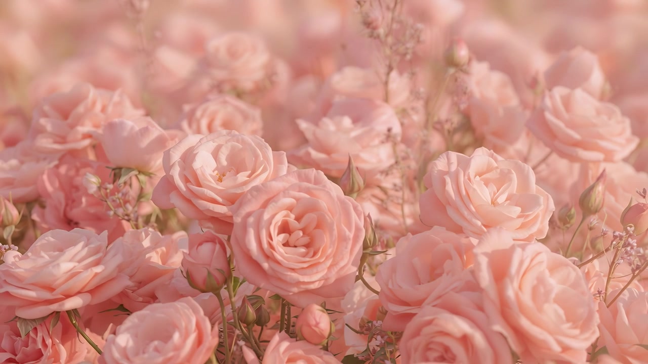 庭の淡いピンクのバラにカメラがズームインし、揺れる花びらを見せる。フォーカスが移動して花が強調される。