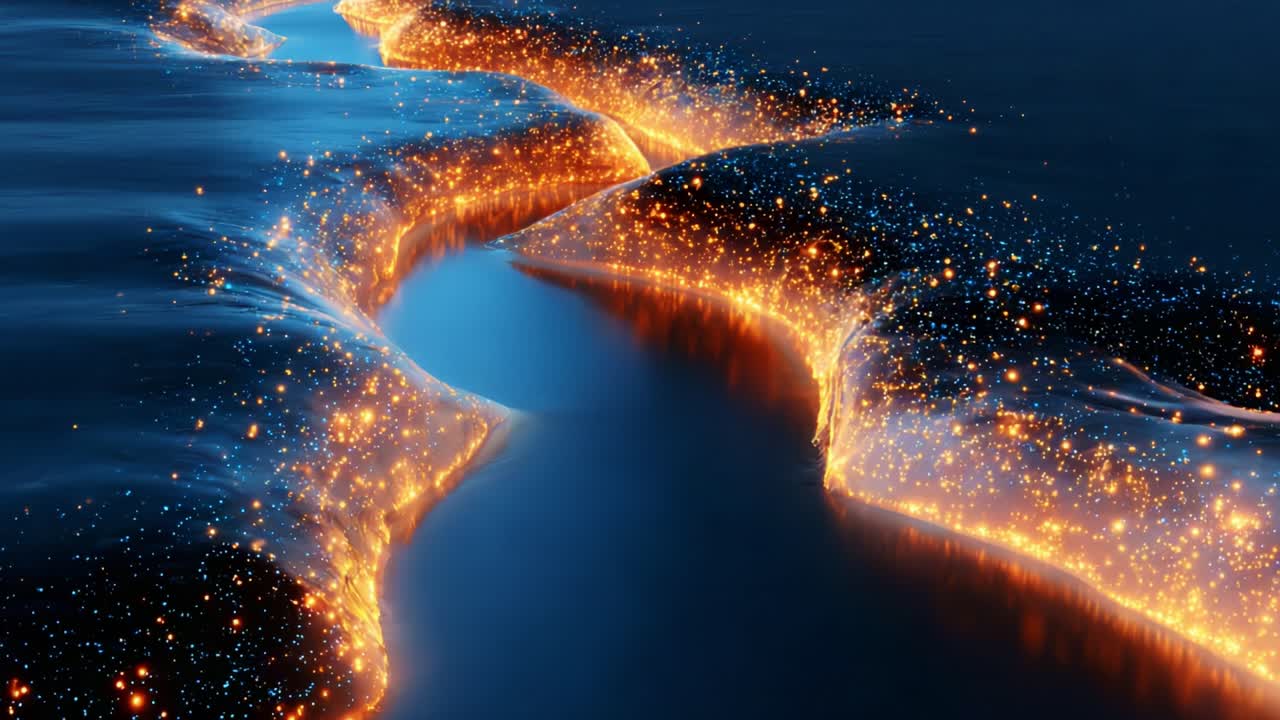 A Captivating Perspective of a Glimmering River at Night, Where Flowing Water Meets Sparkling Lights, Creating a Stunning and Dreamlike Scene on the Surface