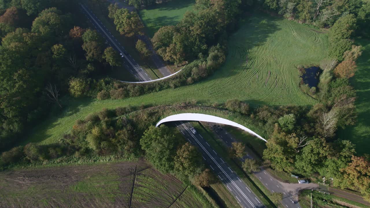 Steady aerial provincial road passing underneath ecoduct Grimberg wildlife crossing forming a safe natural corridor bridge for animals to migrate between conservancy areas.
