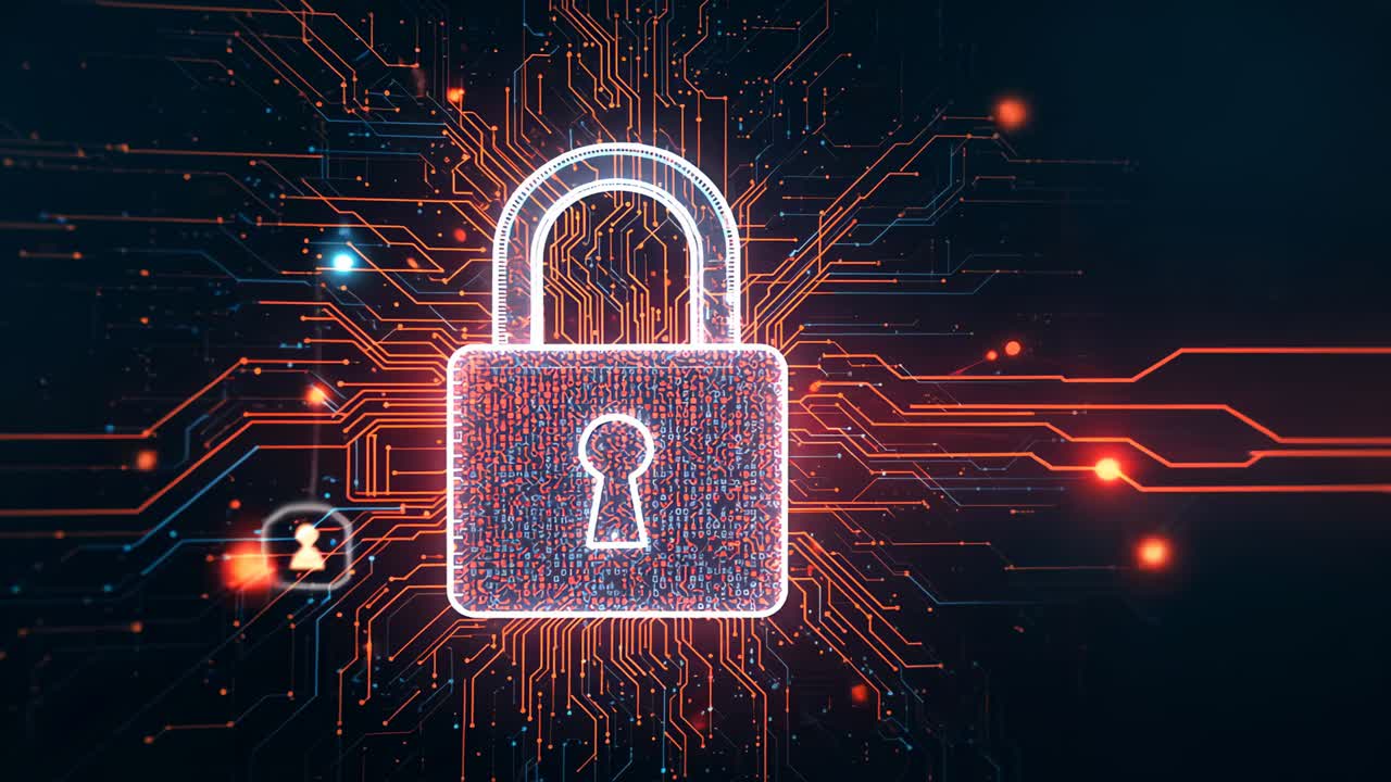 Circuit grid filling frame, padlock materializing and guiding user icons along traces in cyberspace