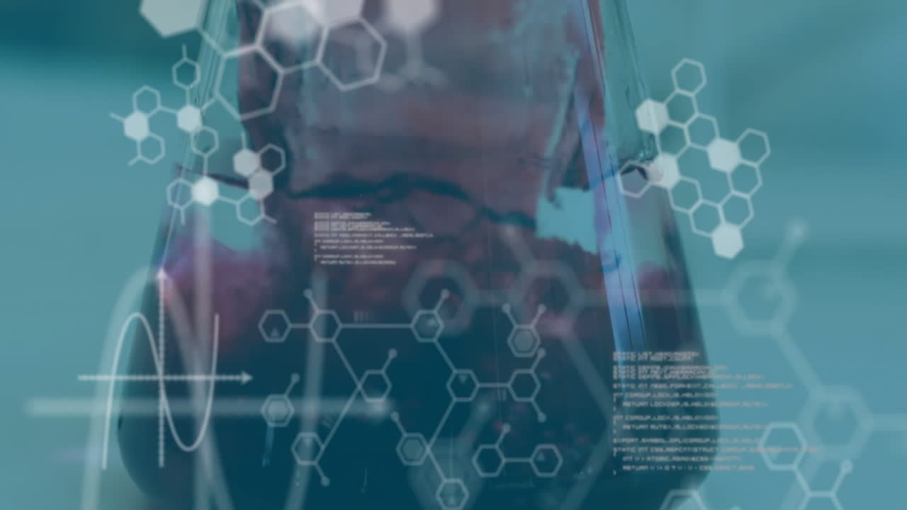 Animation of chemical formula and data processing over caucasian male scientist doing experiment