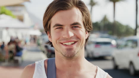 summer, travel and face of man with smile enjoy