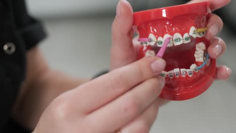 teeth with brace cleaning explanation, brush your teeth with a toothbrush the right way. dentist and dental hygienist explains how to clean your teeth.