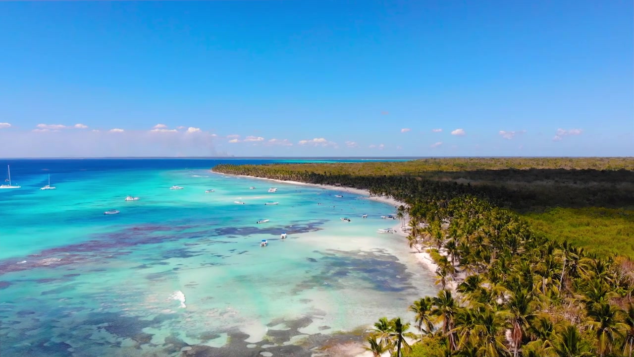 La costa di Punta Cana da una vista a volo d'uccello con le sue acque cristalline e la spiaggia di sabbia bianca che si estendono fino all'orizzonte, Repubblica Dominicana