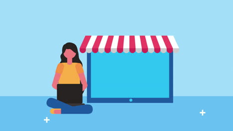 mujer joven con tabletas e iconos de comercio electrónico