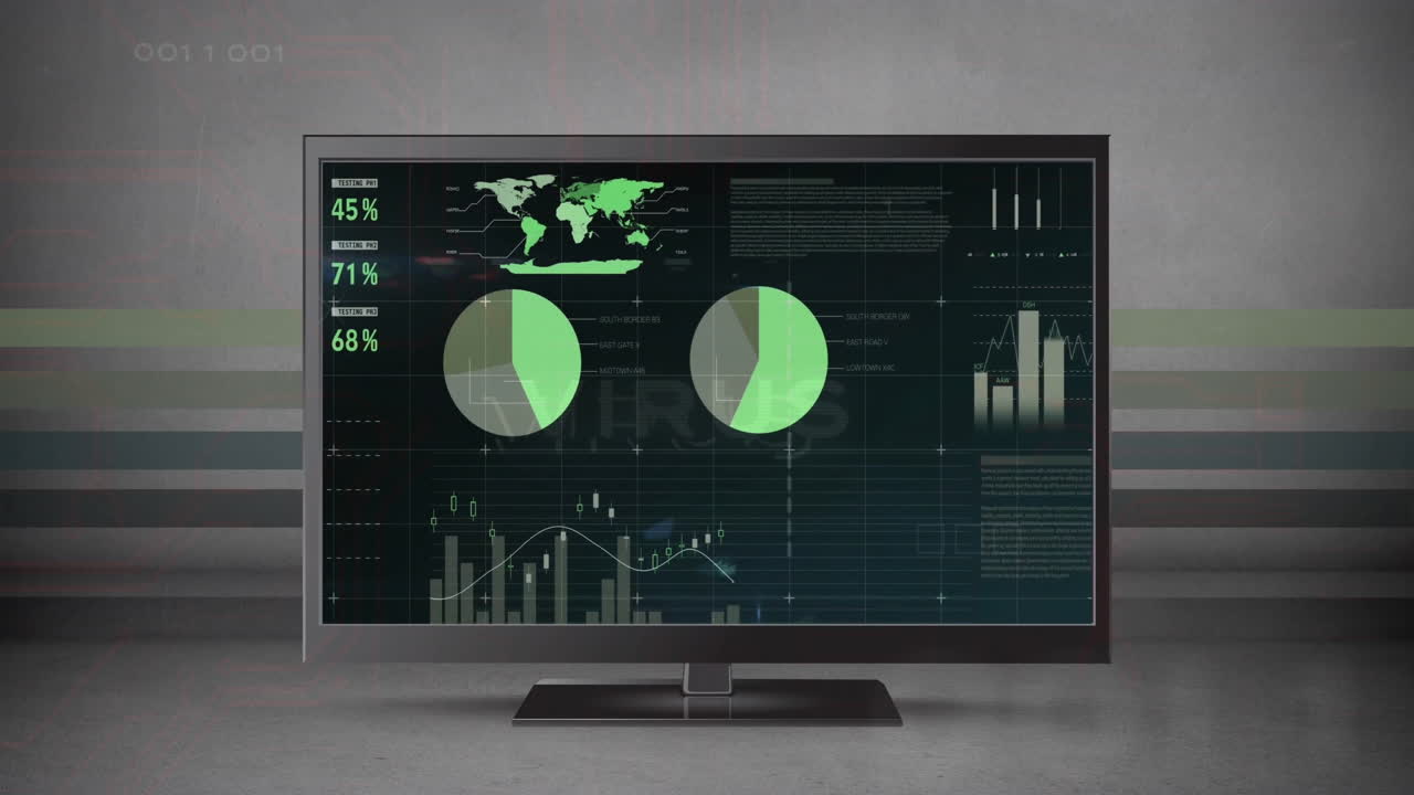Animation of data processing and diagrams over computer screen