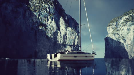 Yacht-Im-Meer-Mit-Grüner-Felsiger-Insel