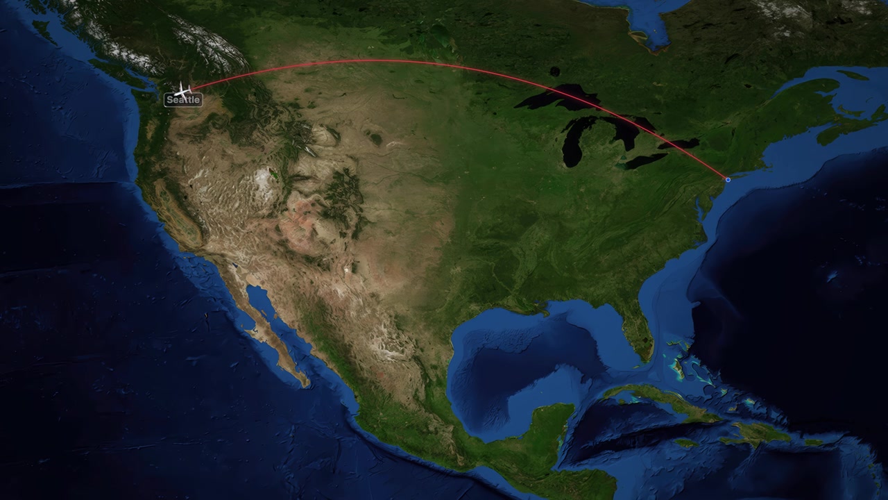 Animated Airplane Flight Path from New York to Seattle on North America Map
