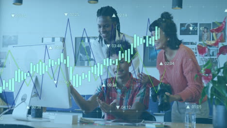 Animation-of-multiple-graphs-with-changing-numbers-over-diverse-coworkers-discussing-on-desk