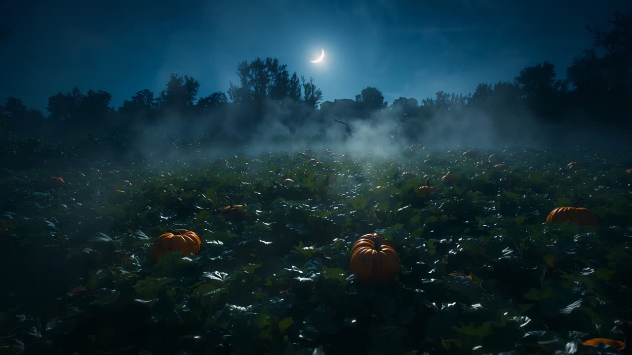 Drifting fog swirling around pumpkins under moonlight in field at night, creating eerie ambience