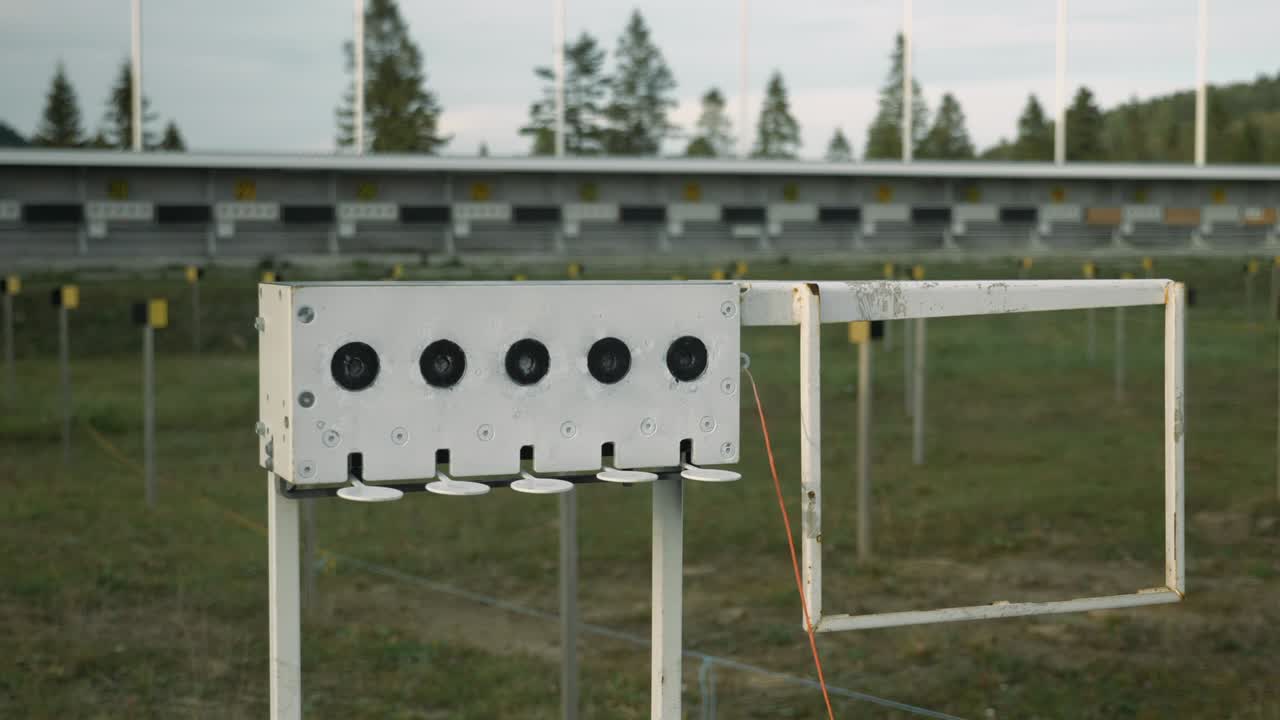 Empty shooting range at biathlon stadium. Biathlon targets shooting