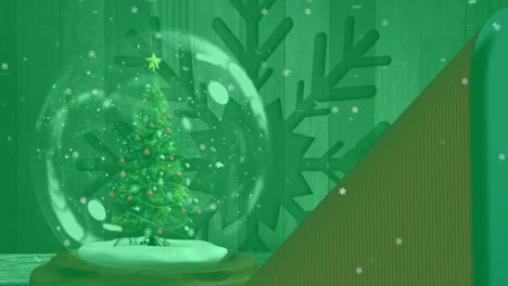 Animation-of-christmas-tree-in-snow-globe-and-snow-falling-over-green-background