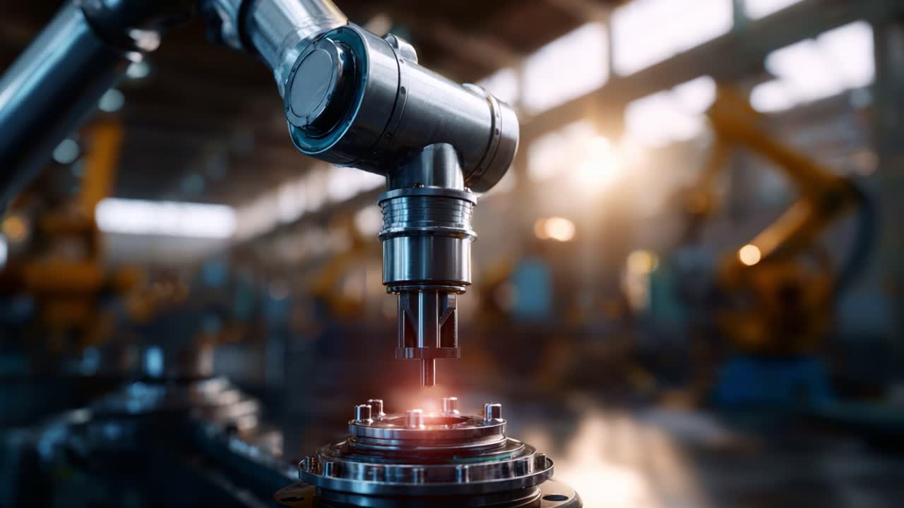Advanced Robotic Arm Performing Precision Assembly in an Industrial Setting with Automated Machinery and Enhanced Production Efficiency in the Background