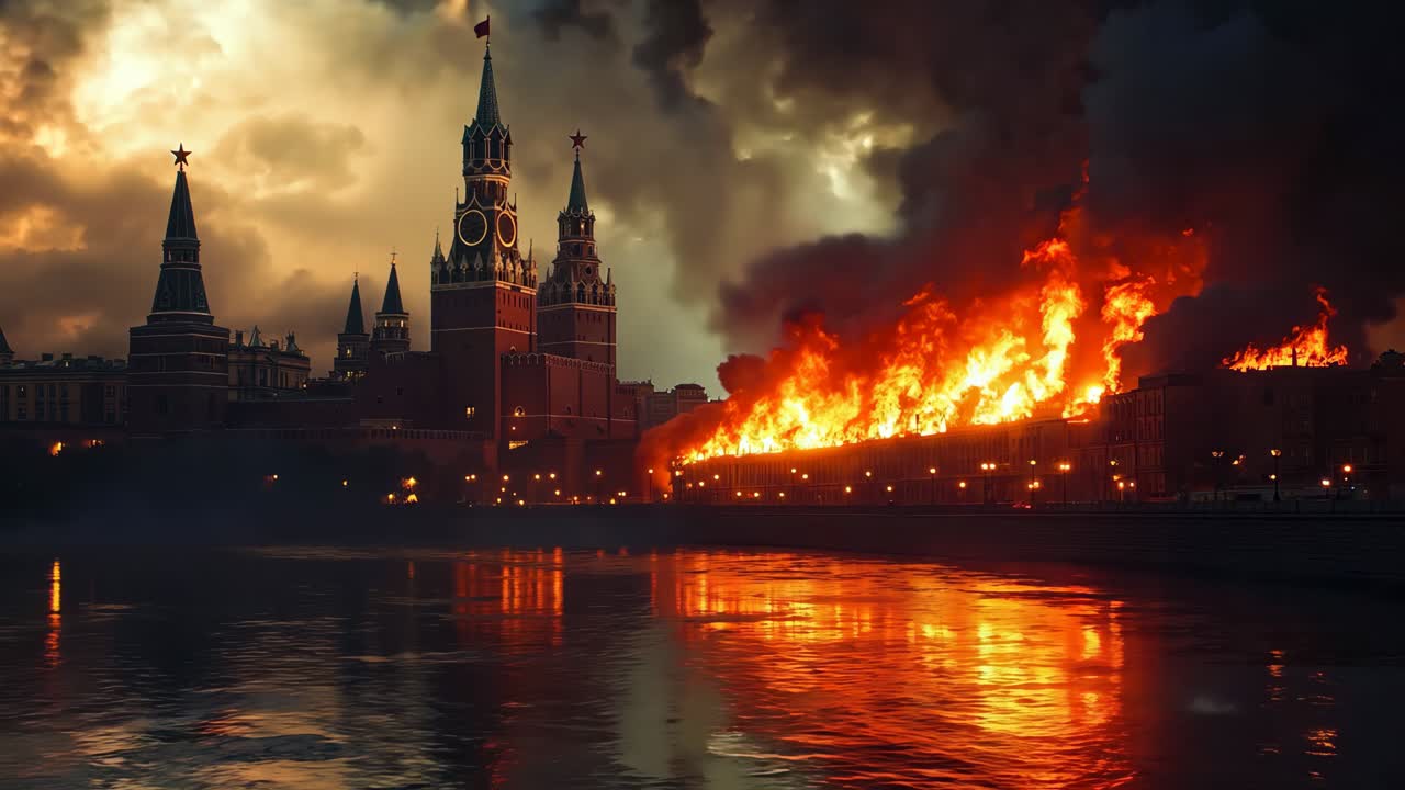 큰 건물 앞에 큰 불이 타고 있다.