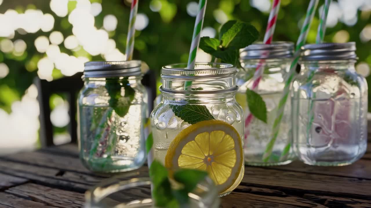 Video ravvicinato di barattoli di vetro con fette di limone e menta su un tavolo rustico.