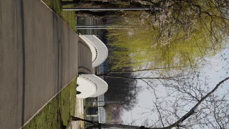 vertical shot of asphalt alley and small bridge in the park