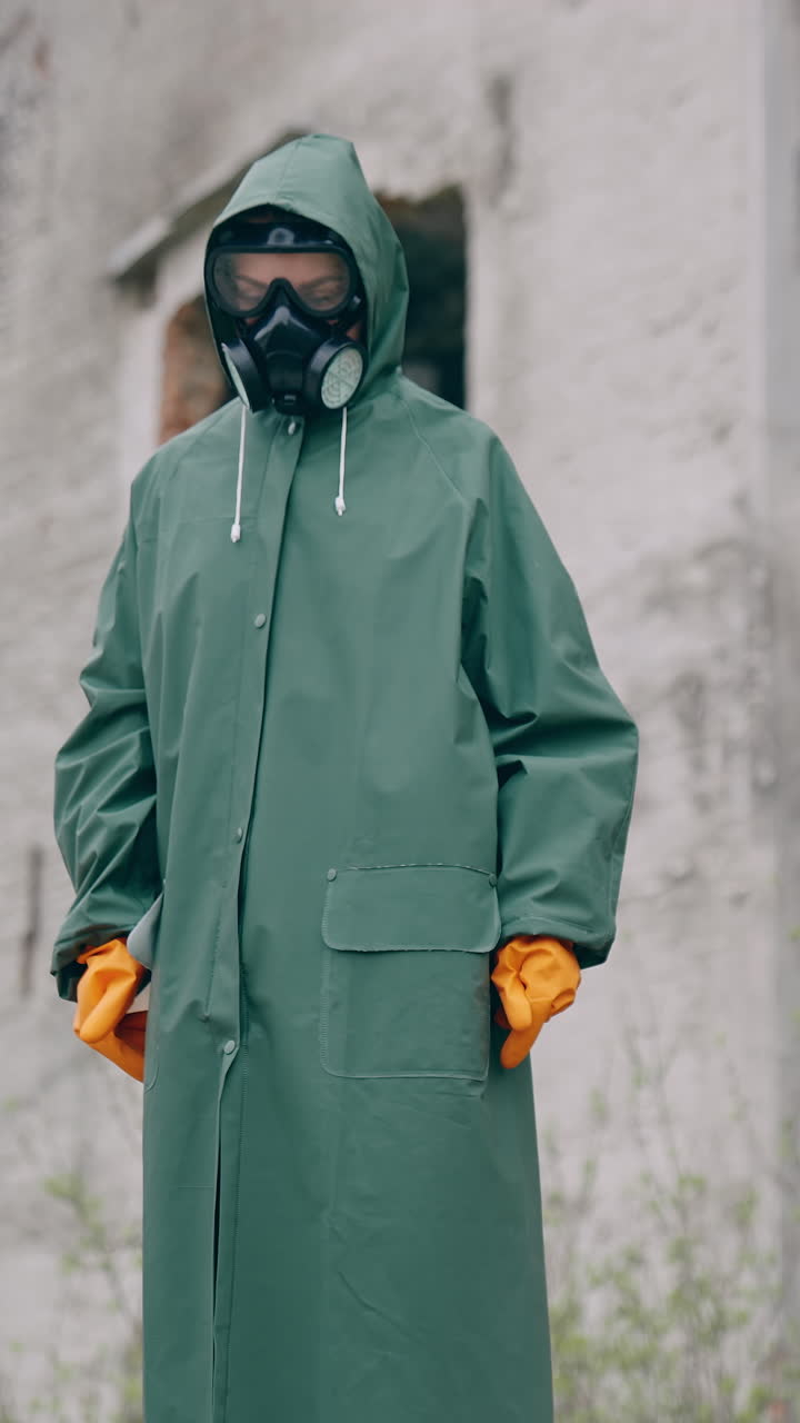 Human in radioactive green suit and gas mask. Guy wearing hazmat suit and gloves. Vertical video