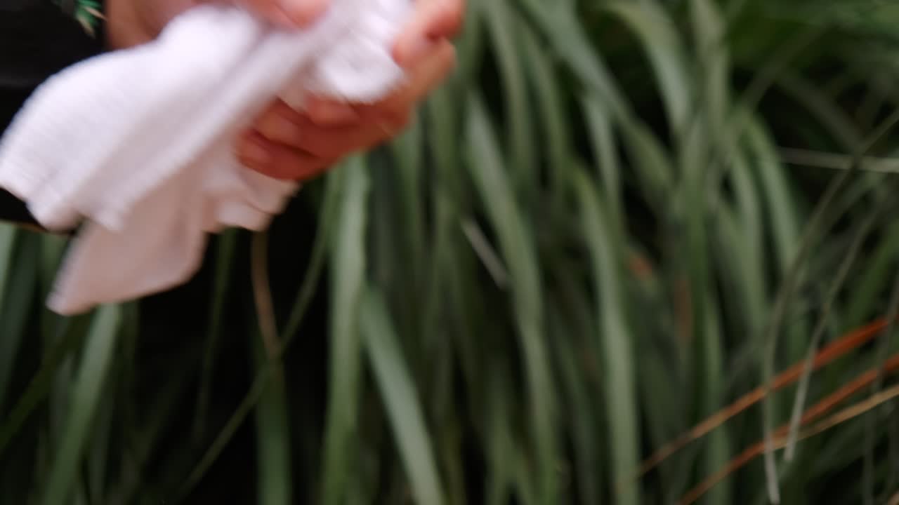 Close up of hand dipping cloth in water bowl then pressing water out inside spa massage session.