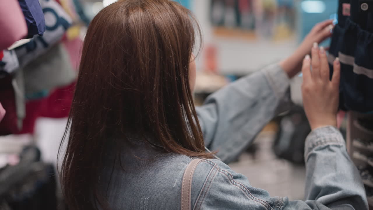 여성은 상점에 전시 된 학교 가방을 가져갑니다. 은 머리 여성은 어린이 가게에서 어린이를위한 학교 용품을 찾습니다. 어머니는 쇼핑몰에서 상품을 선택합니다.