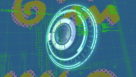 Digital-animation-of-neon-round-scanner-and-data-processing-and-abstract-shapes-on-blue-background