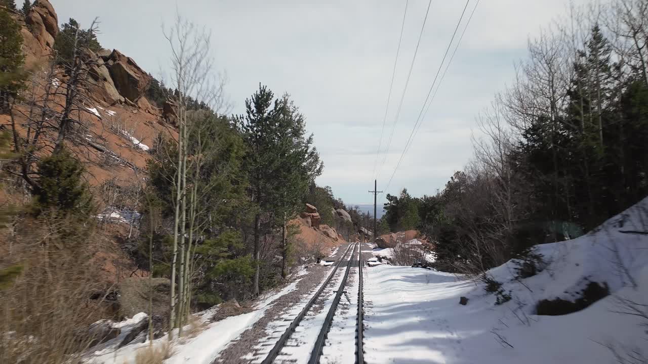 POV From Train Traveling In The Snowy Railway In The Mountains - Pikes Peak Cog Railway In Manitou Springs, Colorado, USA. - hyperlapse