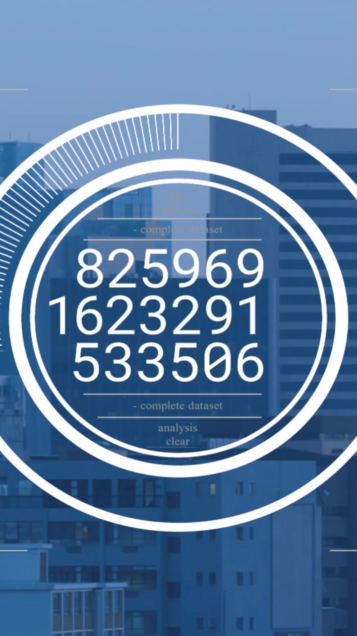 Vertical video: HUD appearing over city, rings starting ticks turning, numbers cycling to show data