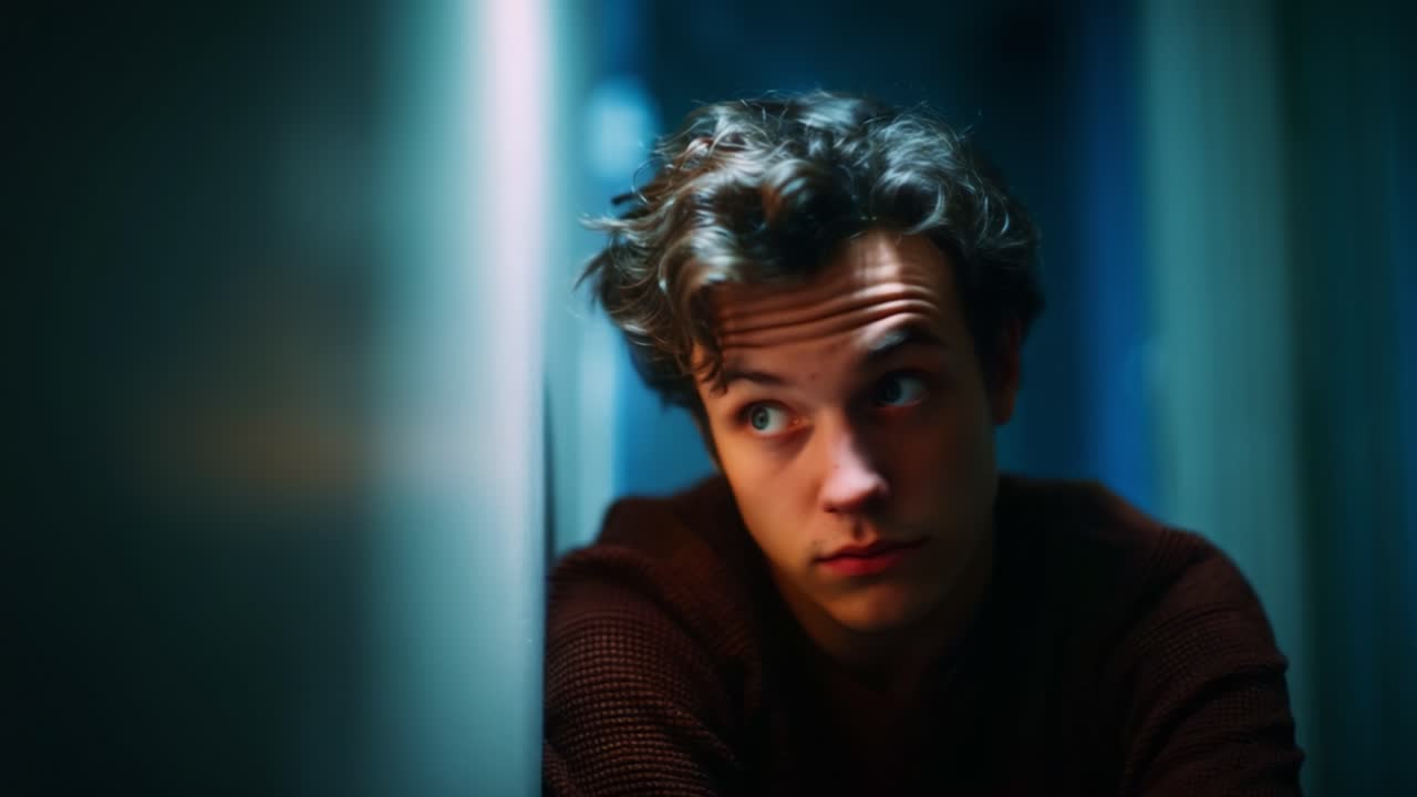 A Young Man with Curly Hair Reflects Thoughtfully in a Dimly Lit Hallway, Capturing a Moment of Contemplation and Emotional Depth in His Expression