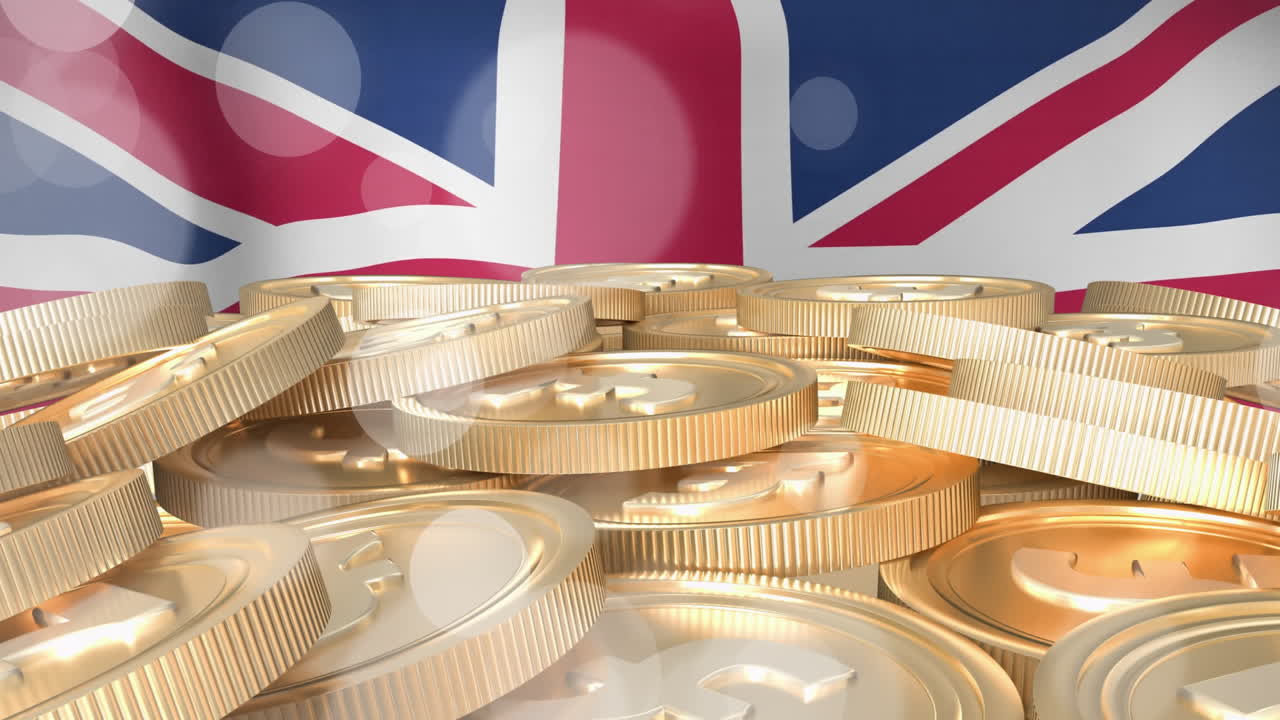 animación de las monedas de euro sobre la bandera de gran bretaña