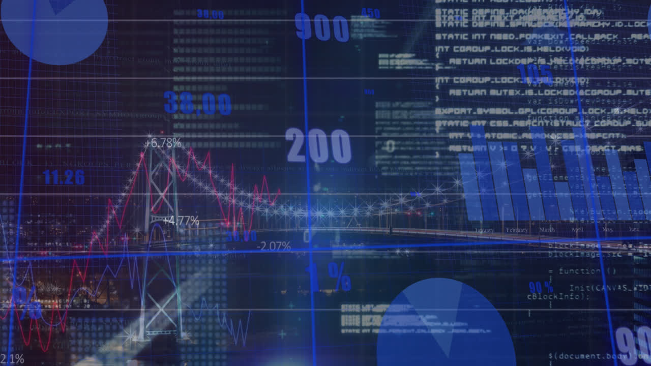 Animation of financial data processing over cityscape