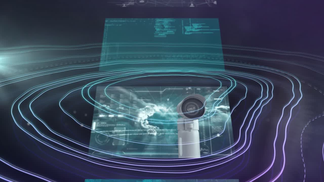 animación de la cámara de cctv y procesamiento de datos sobre el fondo de líneas de mapa blancas.