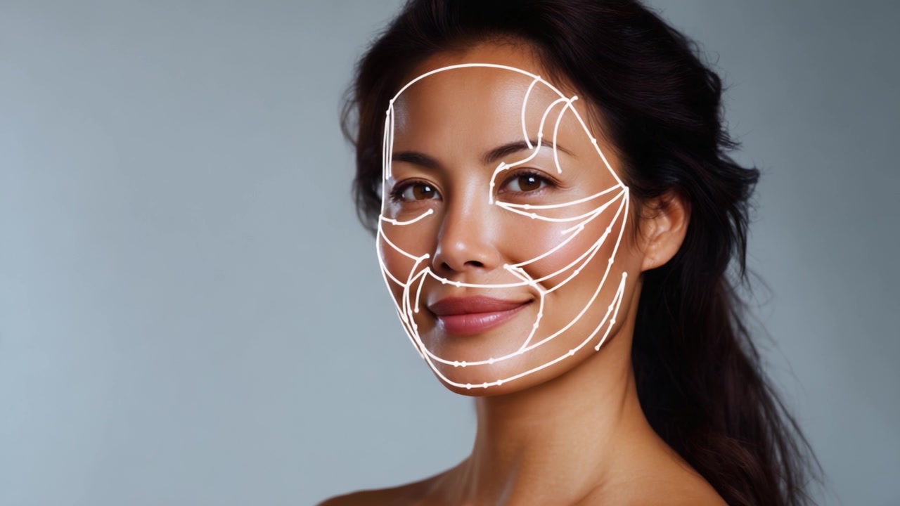 Una nuova tecnica di miglioramento rivelata attraverso il ritratto di una donna elegante, che mostra innovative tecniche di mappatura facciale ed estetiche in una presentazione mozzafiato.