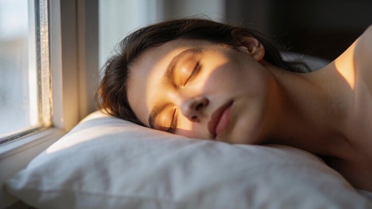 Donna adulta che dorme sdraiata su un cuscino vicino alla finestra, con la luce del sole che inizia a calare mentre fa un pisolino