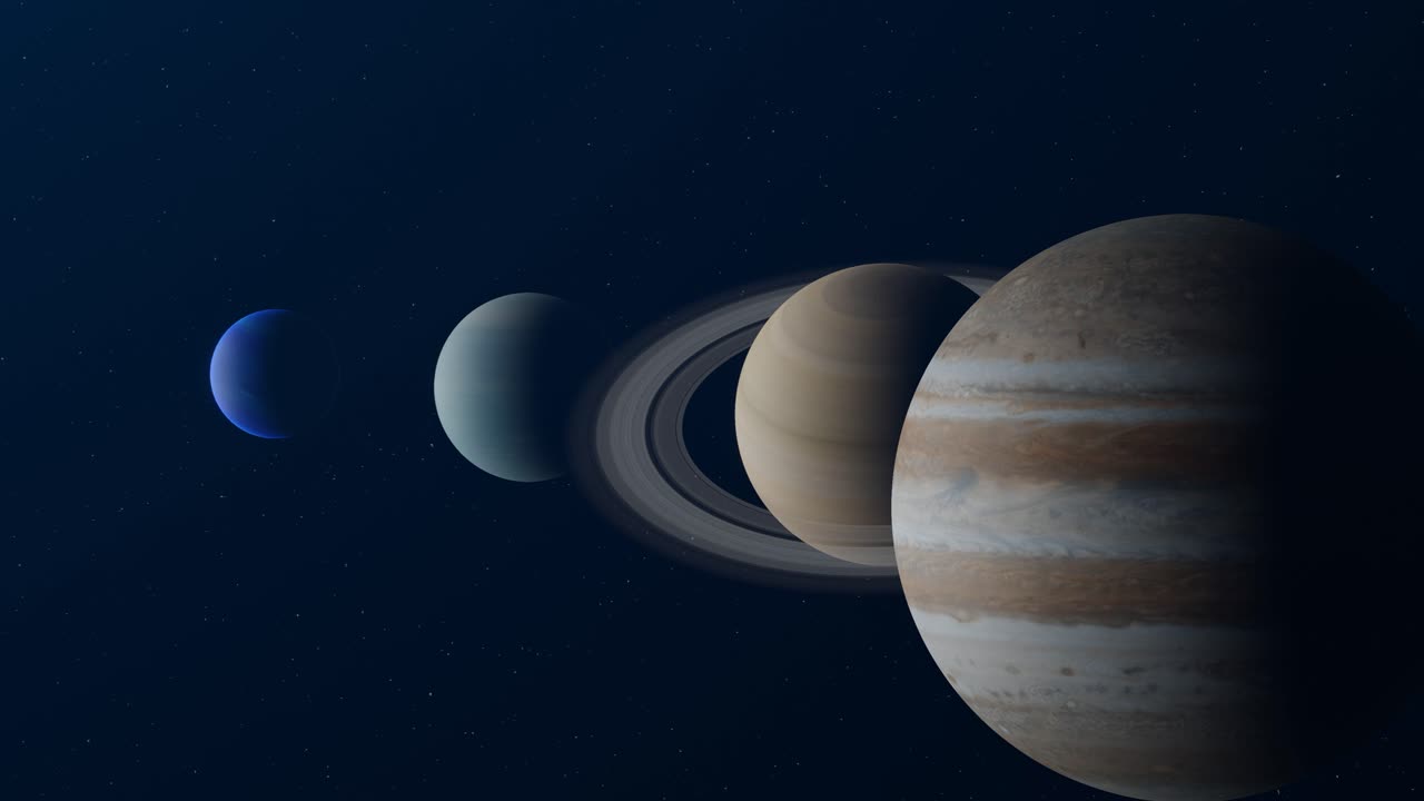 3D animation showing the 4 biggest planets in our solar system: Jupiter, Saturn, Venus and Neptune