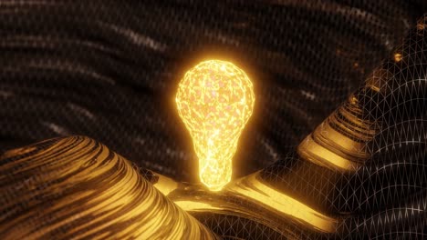 Glowing golden light bulb above abstract black and gold metallic surface. Innovation and creative idea concept. Design for poster, banner, wallpaper, header